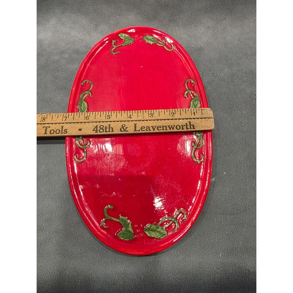 Red Ceramic Christmas Holly Leaf Oval Serving Platter Holiday Dish 12.5 Inch